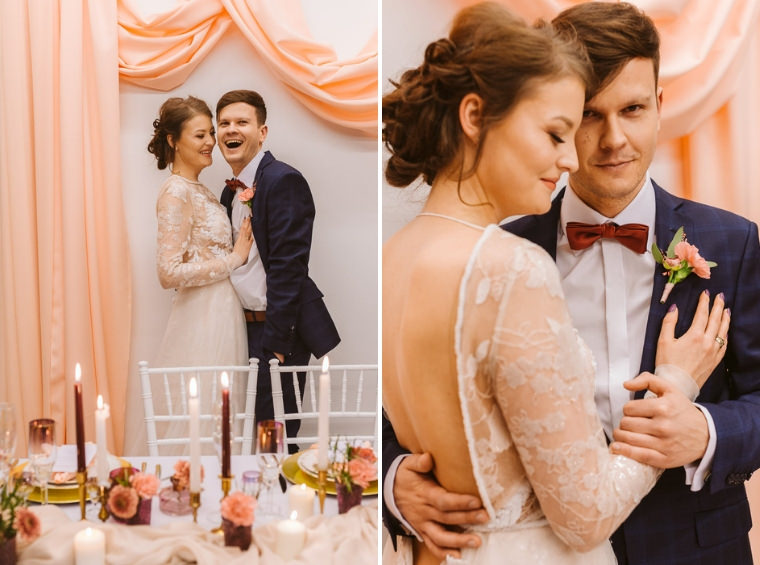 para młoda w pastelowej sukni ślubnej i garnitur z Giacomo Conti na ślub