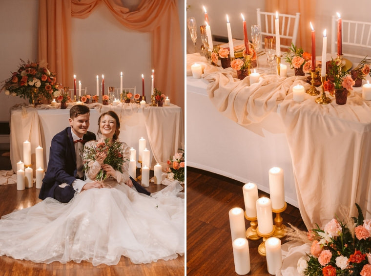 dekoracja ślubna ze świecami w pastelowych kolorach w łodzi